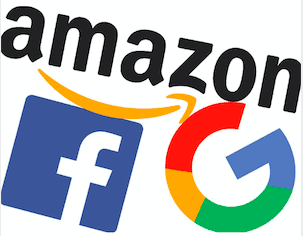 Logos of Amazon, Facebook, and Google are creatively combined to represent the digital triopoly, with the Amazon text above, the Facebook f logo below, and the colorful Google G overlapping them.