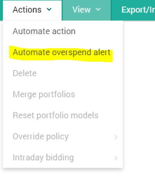 Dropdown menu under Actions with options. The automated overspend alerts option is highlighted in yellow; other options include delete, merge portfolios, reset portfolio models, override policy, and intraday bidding.