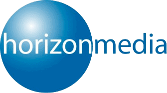 The image displays the Horizon Media logo, featuring the words “horizon media” in white and blue lowercase letters, partially overlaid on a large blue gradient sphere—representing innovation in marketing like Instacart Advertising.