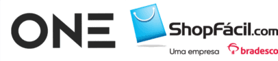 Logo with the word ONE on the left, and the ShopFácil.com logo on the right, featuring a blue shopping bag icon—ideal for brands focused on Media Budget Forecasting—with "Uma empresa Bradesco" and the Bradesco logo below.