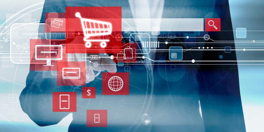 Online shopping concept of business woman hand touching shopping cart icon