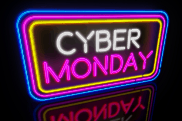 Two neon signs hang on a wall, representing two days in the Cyber 5 holiday; Black Friday is written in red and Cyber Monday in blue.