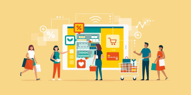 Happy people doing grocery shopping online and shopping smartphone app: technology, retail and communication concept.