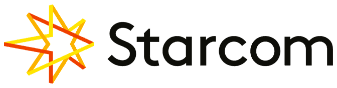 Starcom logo featuring a geometric, overlapping star design in shades of orange and yellow to the left of the bold, black word Starcom on a light background—ideal for marketing agency solutions.