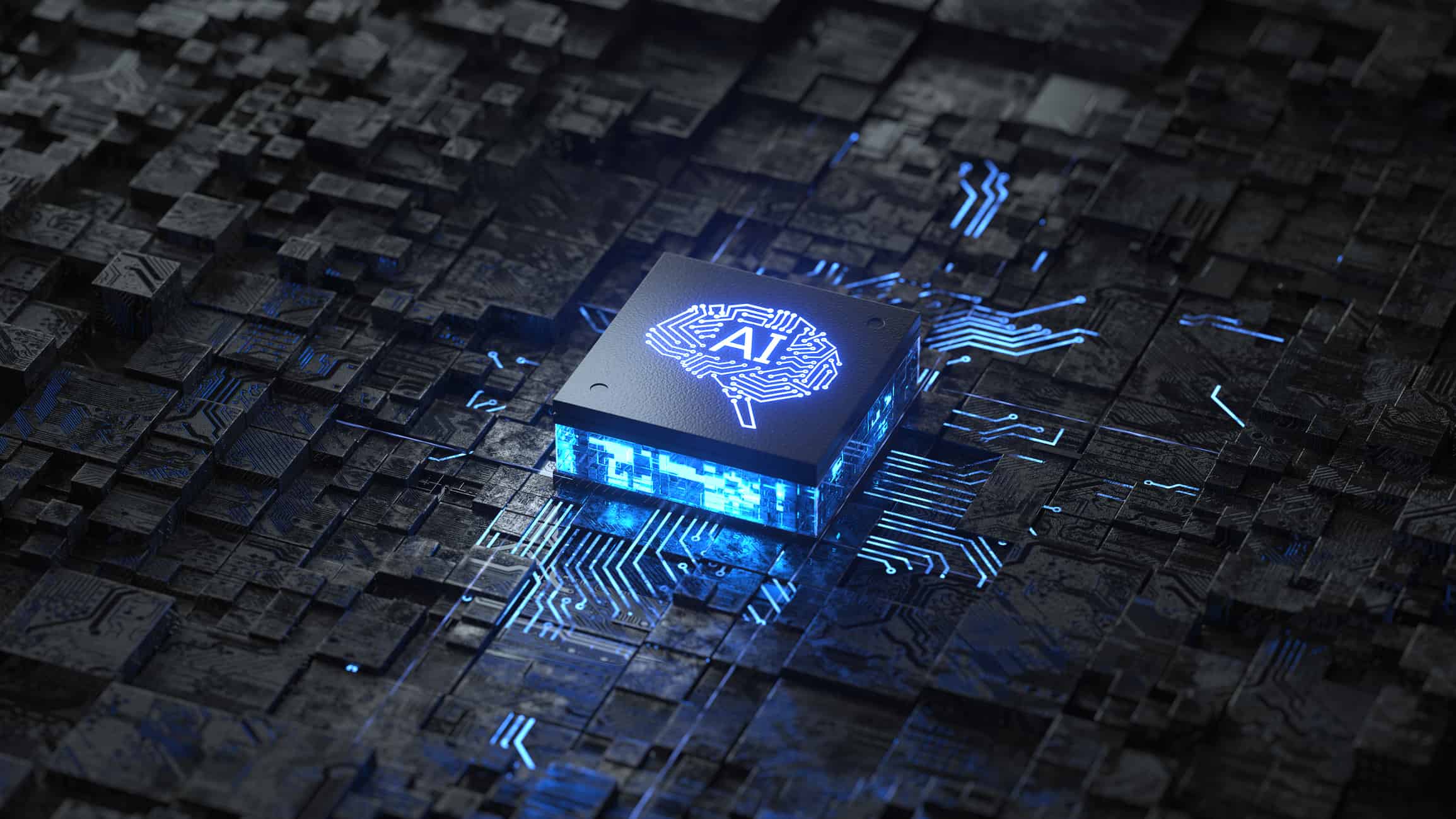 A glowing computer chip labeled AI with a brain icon, symbolizing Media Budget Forecasting, sits on a dark, futuristic circuit board illuminated by blue lights and connected lines.