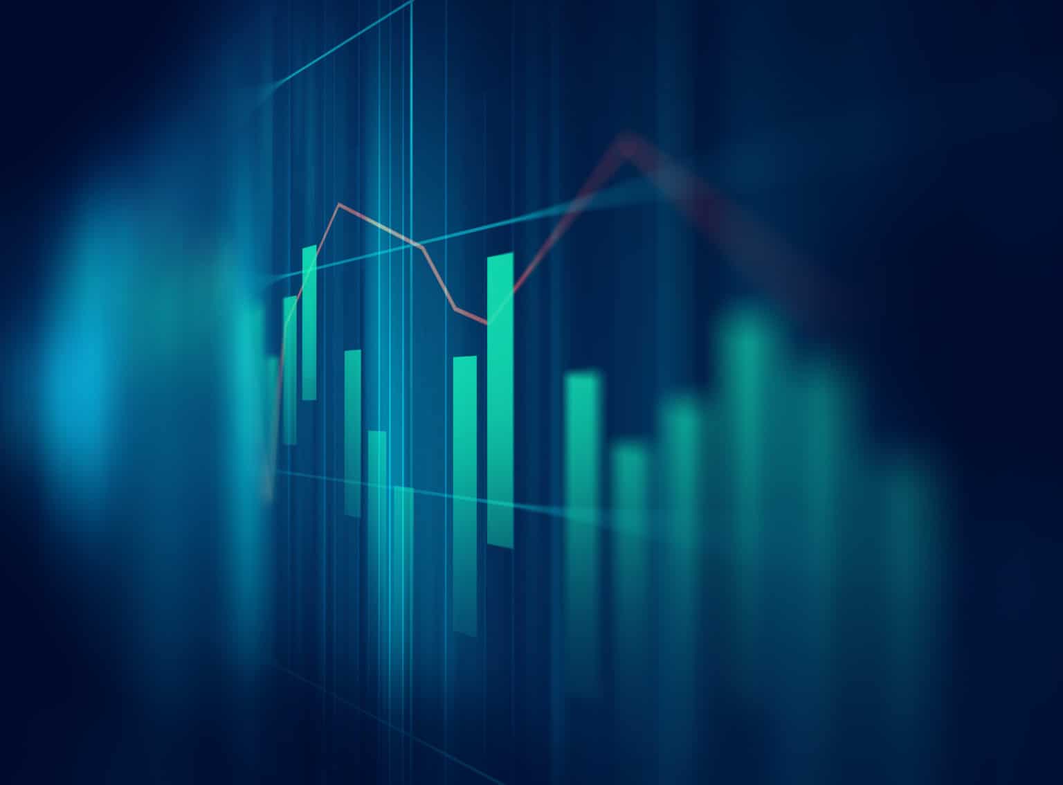 A digital graphic showing a bar chart and a line graph with green bars and a red line on a dark blue background, illustrating financial data and stock market trends powered by advanced market intelligence tools.
