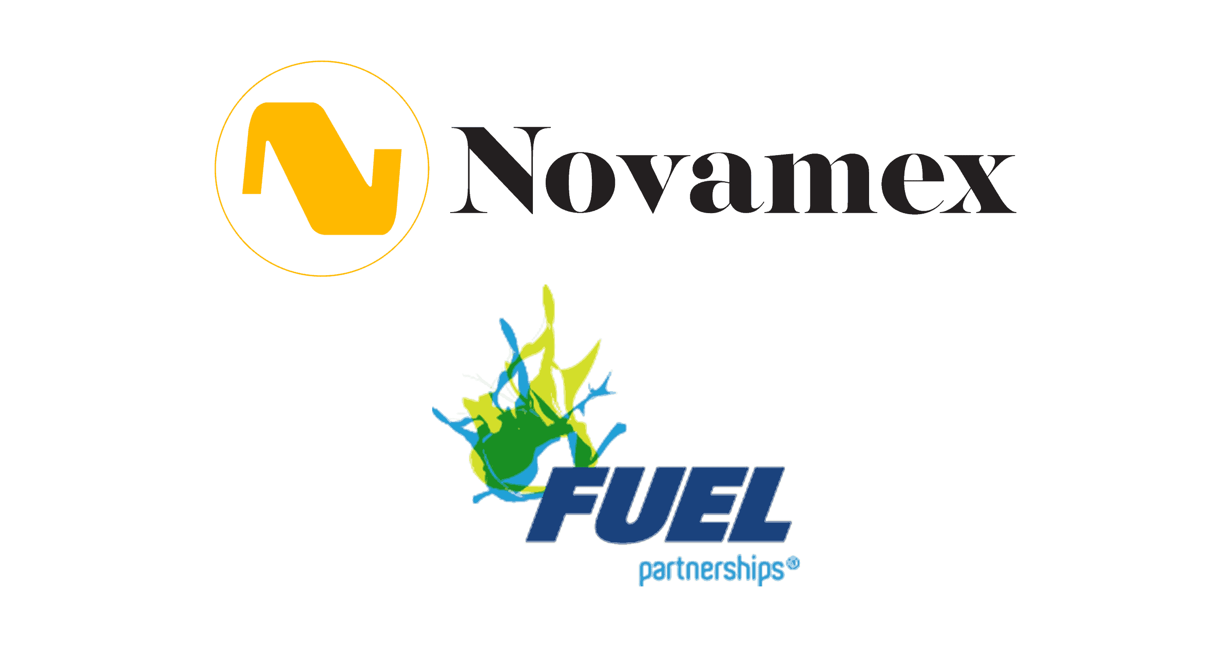 Logos of two companies: at the top, the Novamex logo—highlighting how Novamex drives Instacart advertising success with FUEL Partnerships & Skai; below, the FUEL Partnerships logo with blue text and colorful splashes.