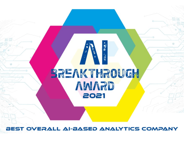Ein farbenfrohes geometrisches Sechseckmuster mit dem Schriftzug „AI Breakthrough Award 2021“ in der Mitte. Darunter steht in blauen Großbuchstaben „Best Overall AI-Based Analytics Company“ – eine Würdigung herausragender Leistungen bei den führenden KI-Awards.