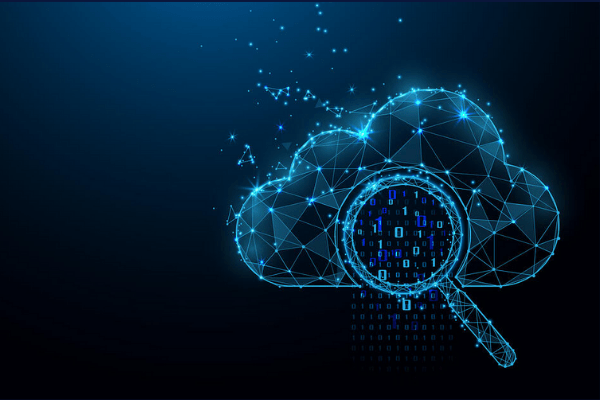 Networking cloud web with a magnifying glass looking at external data sources.