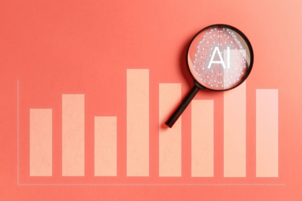 Bar graph with a magnifying glass zooming in on artificial intelligence AI tools