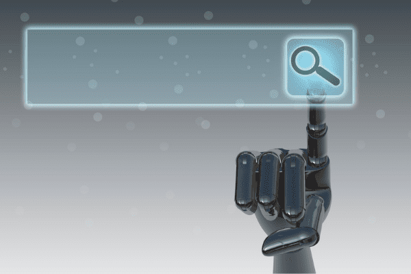 KI im Suchmaschinenmarketing; ein Roboter, der auf die Lupen-Schaltfläche in der Suchleiste tippt.