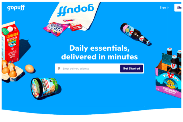 Gopuff ad that displays various household items, grocery items, and treats; daily essentials, delivered in minutes