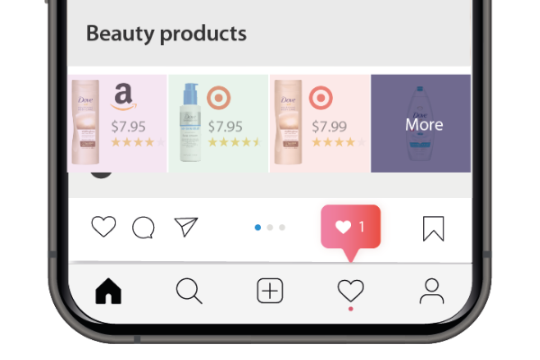 L'écran d'un smartphone affichant une application de réseau social avec une bannière pour des produits de beauté, des publicités e-commerce dynamiques présentant des images de produits accompagnées de leurs prix, ainsi qu'une notification indiquant un nouveau « J'aime ».