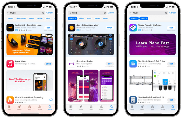 Three iPhones showing the App Store keyword results from a search for music-related apps.