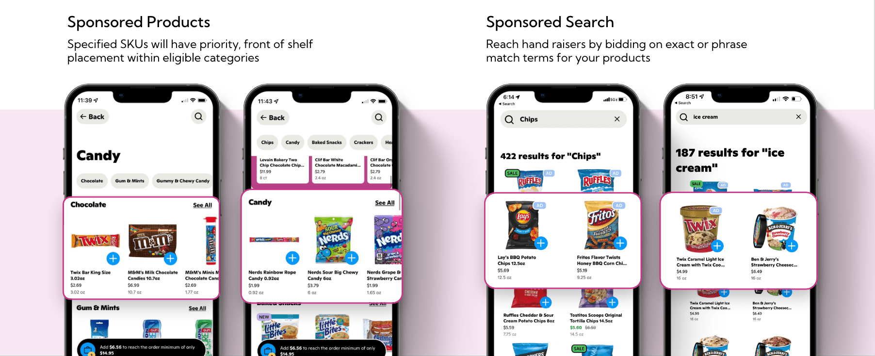 Auf vier Smartphone-Bildschirmen ist eine Shopping-App mit Süßigkeiten und Eiscreme-Produkten zu sehen. In hervorgehobenen Feldern werden GoPuff-Werbefunktionen wie „Sponsored Products“ und „Sponsored Search“ angezeigt, die beworbene Artikel und Suchergebnisse hervorheben.