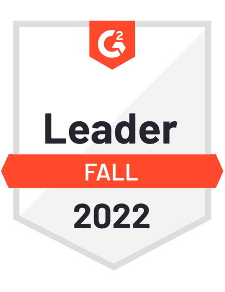 Ein G2-Abzeichen mit der Aufschrift „Leader Fall 2022“ in Fettdruck, einem roten Banner und einem grauen Rand, das eine Auszeichnung für Führungsqualitäten im Herbst 2022 kennzeichnet.