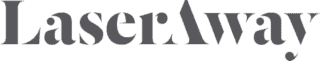 Das LaserAway-Logo in fetten, stilisierten grauen Buchstaben mit einzigartigen Ausschnitten in der Schrift, was einen modernen Ansatz widerspiegelt, ganz ähnlich wie eine innovative Lösung zur Marketingmessung.
