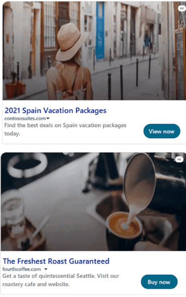 Two examples of Microsoft Multimedia Ads: One for a travel business, and another for a cafe.