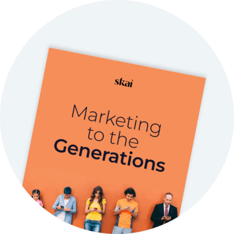 Une brochure orange intitulée « Marketing to the Generations » publiée par Skai, avec cinq personnes sous le titre, chacune regardant son téléphone ou son appareil.