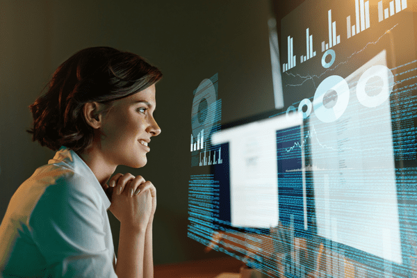 Woman looking at her work computer monitors; Amazon ads latest innovations