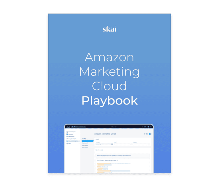 Page de couverture d'un guide numérique intitulé « Amazon Marketing Cloud Playbook » par Skai, présentant un fond bleu dégradé et une capture d'écran partielle d'une interface web en bas de page.