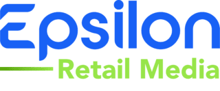 Das Epsilon Retail Media-Logo mit „Epsilon“ in fetten blauen Buchstaben und „Retail Media“ in hellgrün darunter, mit einer grünen Linie unter dem „E“.