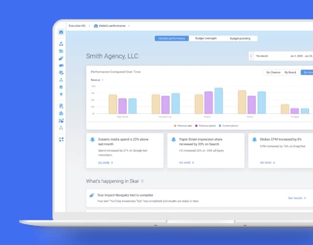 Auf dem Bildschirm eines Laptops ist ein Dashboard für die Geschäftsanalyse zu sehen, das Balkendiagramme, Übersichts-Karten mit Leistungskennzahlen sowie Navigationsregisterkarten für Einblicke, Budgetübersicht und Planung anzeigt.