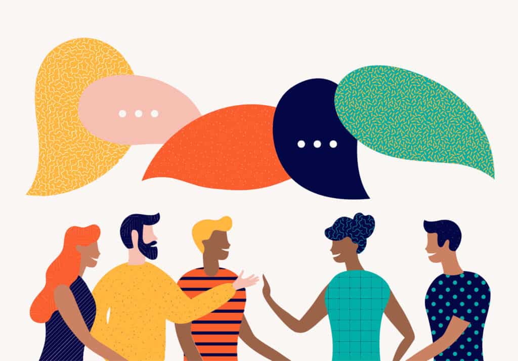 Five illustrated people with colorful speech bubbles coming from each of them.