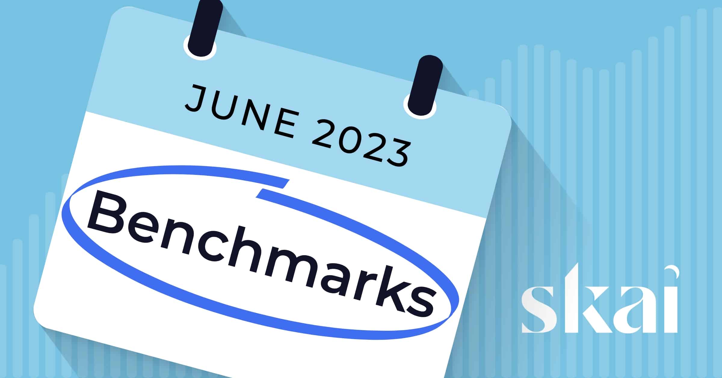 Illustration of a calendar page reading June 2023 with "Benchmarks" circled in blue, highlighting a monthly paid media snapshot. The Skai logo appears in the lower right corner, all set against a blue background.