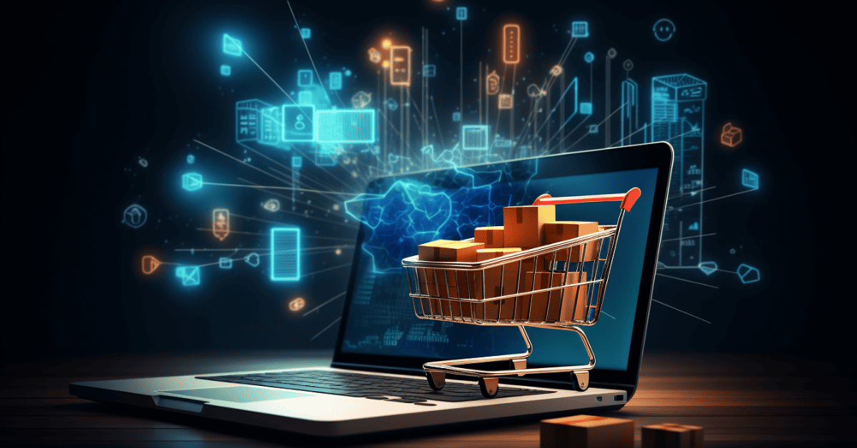Un panier rempli de boîtes repose sur le clavier d'un ordinateur portable, avec en arrière-plan des icônes numériques et une carte du monde qui s'illuminent, symbolisant le commerce en ligne mondial, le commerce électronique et les nouvelles tendances dans le domaine des médias de vente au détail.