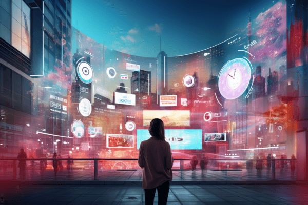 Une personne se tient dans une rue d'une ville futuriste, entourée de grands écrans numériques et d'interfaces holographiques affichant des données, des graphiques et des publicités aux couleurs vives, sur fond de gratte-ciel.