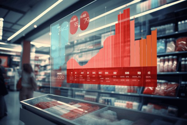 Un graphique numérique présentant des données de ventes met en évidence l'effet d'incrémentalité du « retail media » : il est superposé à une allée de supermarché, avec des rayons bien approvisionnés et des clients faisant leurs courses en arrière-plan. Le graphique comporte des barres rouges et des valeurs numériques.