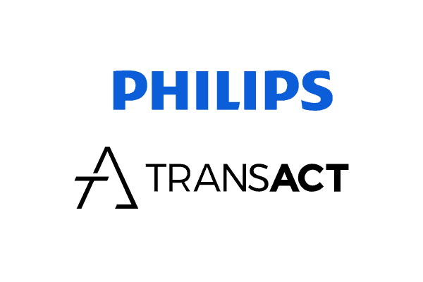 Auf dem Bild ist das Philips-Logo in blauer Schrift über dem Transact-Logo zu sehen, das aus einem stilisierten „A“ und dem fettgedruckten „ACT“ besteht und auf einem hellgrauen Hintergrund platziert ist – perfekt für eine kostengünstige Präsentation einer Fallstudie zum Thema Pacing.