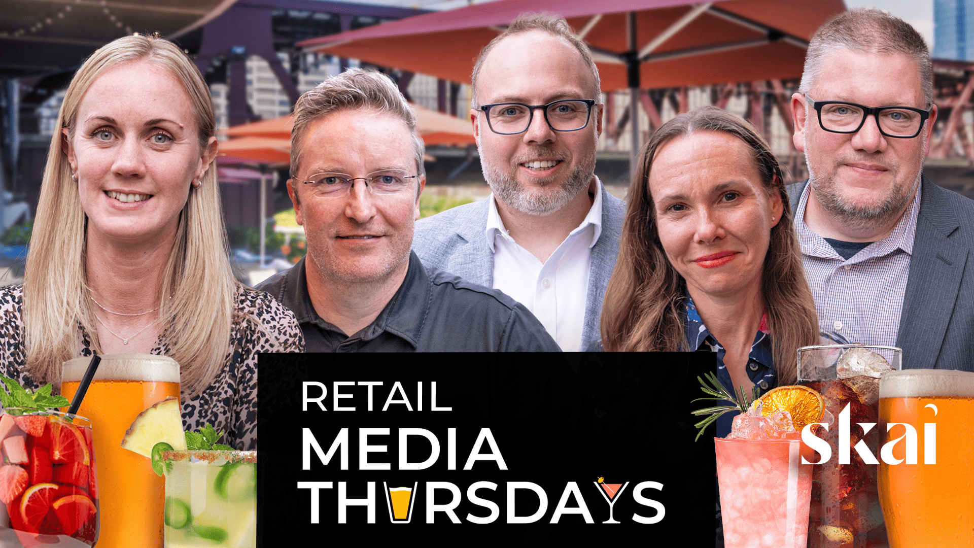 Five people, including Ben O'Mahoney from Ocado Retail, stand smiling outdoors in front of colorful drinks and a cityscape. Text reads Retail Media Thursdays and Skai. The atmosphere is casual and bright, with an event or social gathering vibe.
