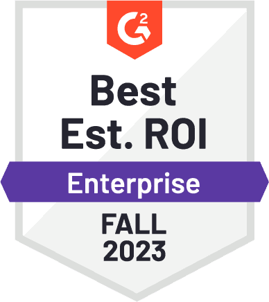 G2-Abzeichen mit dem Text: „Best Est. ROI Enterprise Fall 2023“ in Schwarz und Lila auf weißem Schildhintergrund.