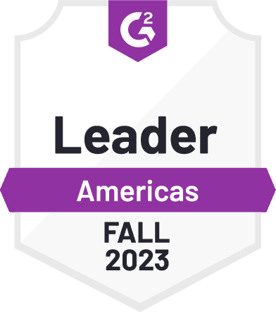 Ein G2-Abzeichen mit violetten Akzenten, auf dem „Leader Americas FALL 2023“ steht.