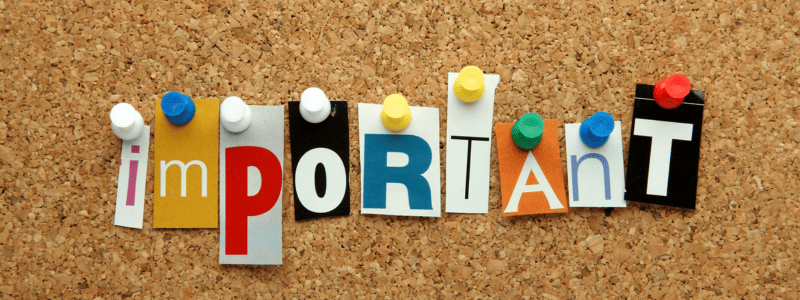 The word important is spelled out using cut-out letters from magazines, each pinned to a corkboard with colorful pushpins.