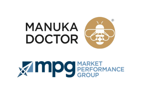 Logos for Manuka Doctor, featuring a stylized bee in a gold circle, and Market Performance Group (mpg) with blue text and a compass graphic, highlighted in an Amazon DSP case study.