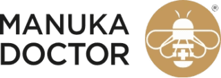 Manuka Doctor logo featuring the words Manuka Doctor in bold black letters next to a gold circle with a minimalist white bee illustration inside, as seen in their recent Amazon DSP case study.