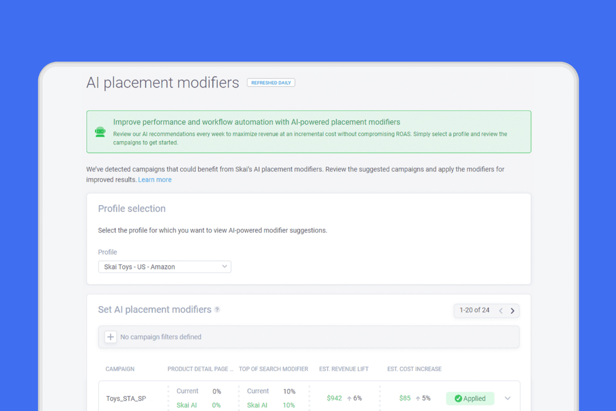 Ein Screenshot einer Webseite mit dem Titel „AI-Platzierungsmodifikatoren“ zeigt eine grüne Benachrichtigung zu KI-gestützten Platzierungsmodifikatoren, ein Dropdown-Menü zur Profilauswahl und eine Tabelle mit Kampagnenfiltern und Leistungskennzahlen.
