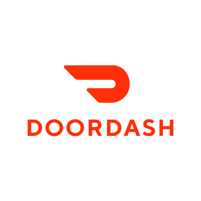 Das DoorDash-Logo, das in einer Fallstudie zum bezahlten Social-Media-Marketing vorgestellt wird, zeigt ein markantes, stilisiertes rotes „D“ über dem Wort „DOORDASH“ in roten Großbuchstaben, alles zentriert auf einem weißen, runden Hintergrund.