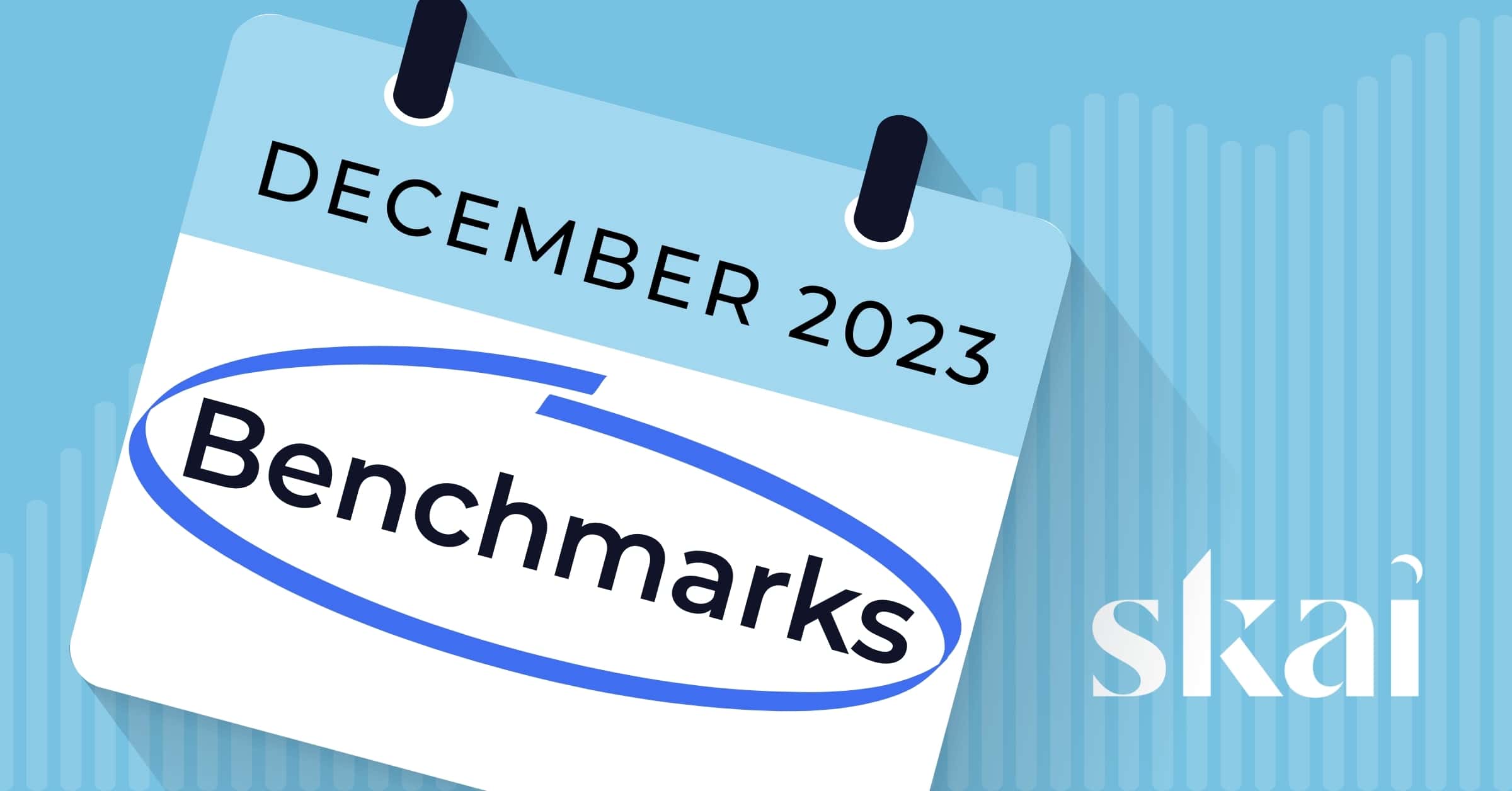 Auf einer Kalenderseite ist der Dezember 2023 hervorgehoben, wobei „Benchmarks“ blau eingekreist sind – das steht für eine monatliche Übersicht über die Ausgaben für bezahlte Medien. Das Skai erscheint unten rechts vor einem blauen Hintergrund mit dezenten Balkendiagrammen.