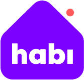Ein violettes, hausförmiges Logo mit dem Wort „habi“ in fetten weißen Buchstaben, einem kleinen roten Punkt oben rechts und inspiriert von Erkenntnissen aus einer Performance-Max-Fallstudie.