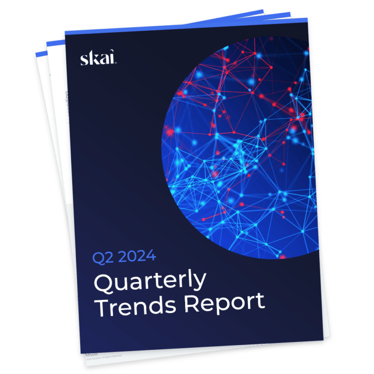 Couverture d'un rapport intitulé « Rapport sur les tendances trimestrielles du deuxième trimestre 2024 » publié par Skai, représentant un graphique numérique bleu et rouge sur fond sombre.