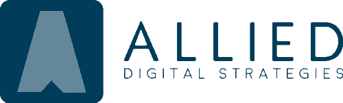 Logo d'Allied Digital Strategies, une plateforme de marketing cross-canal, représentant un « A » stylisé dans un carré bleu, avec le nom « ALLIED Digital Strategies » écrit en majuscules bleues et en lettres minuscules.