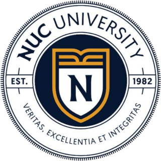 Circular seal of NUC University featuring a gold and navy shield with an “N” in the center. Showcased in a Search Term Analysis case study, the text reads NUC University, EST. 1982, and the motto Veritas, Excellentia et Integritas.
