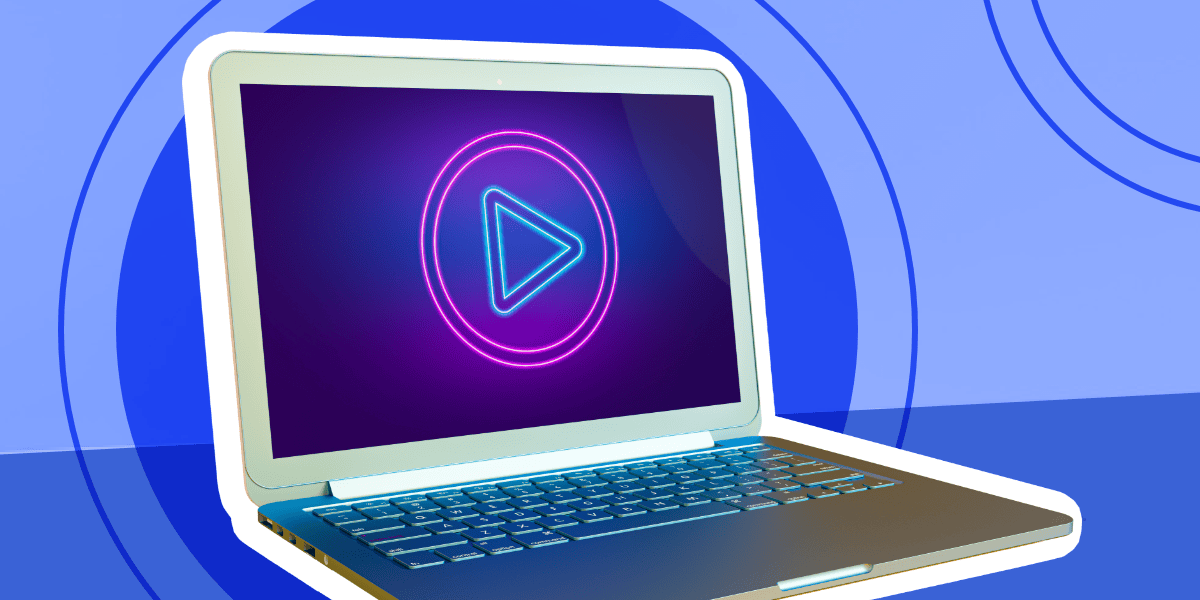 A laptop with a glowing neon play button displayed on its screen, set against a blue background with circular patterns.