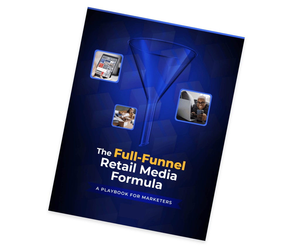 A digital booklet cover titled The Full-Funnel Retail Media Formula: A Playbook for Marketers features a blue funnel graphic and images of people working on laptops and tablets.