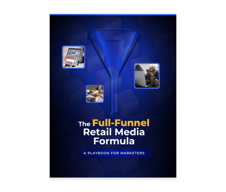 A book cover titled The Full-Funnel Retail Media Formula: A Playbook for Marketers featuring a large blue funnel and three inset images of people using digital devices. The background is dark blue with geometric patterns.