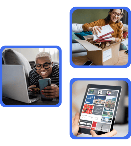 Three images: A person smiling at a laptop and phone, another opening a box with books, and hands holding a tablet displaying a colorful website. Each photo has a blue rounded border.